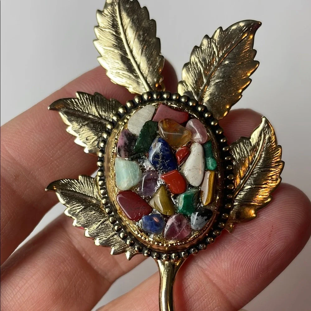 Vintage Leaf Brooch with Multicolor Stones